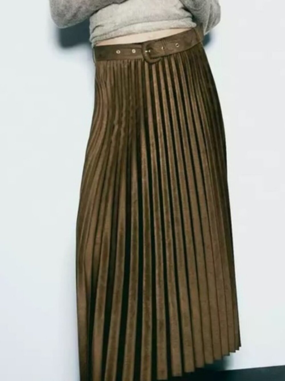 ZARA Faux Suede Pleated Belted Maxi Skirt Dark Olive Size M - Picture 2 of 13